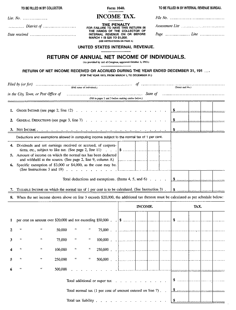 Orginal 1913 U.S. Tax Form - Page 1