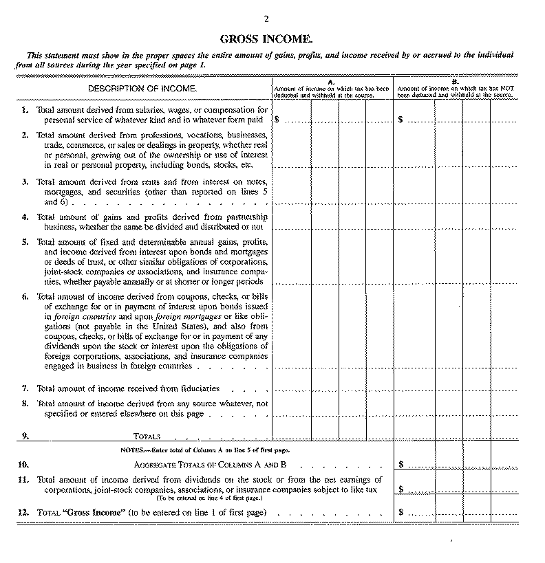 Orginal 1913 U.S. Tax Form - Page 2 - Gross Income