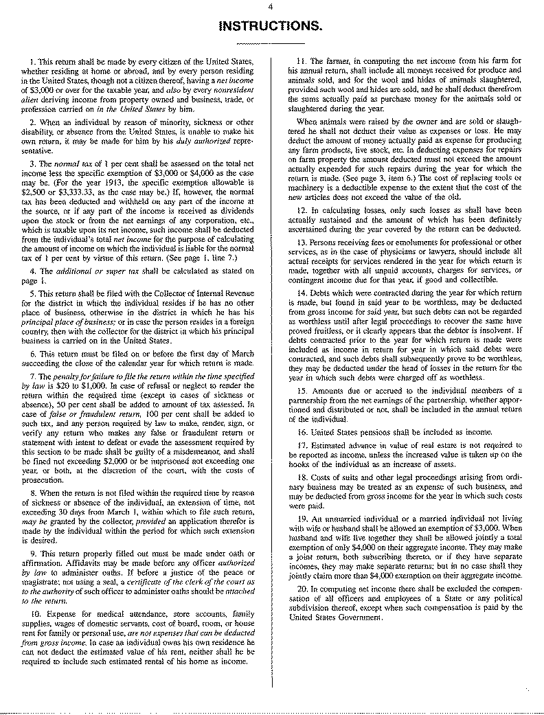 Orginal 1913 U.S. Tax Form - Page 4 - Instructions