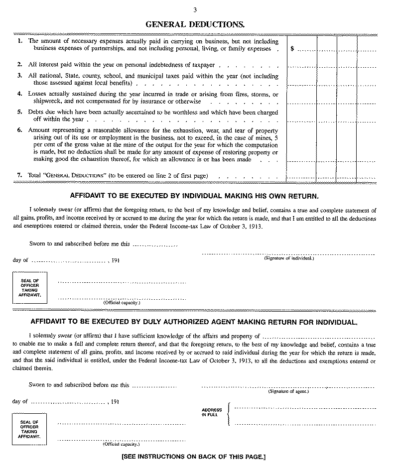 Orginal 1913 U.S. Tax Form - Page 3 - General Deductions